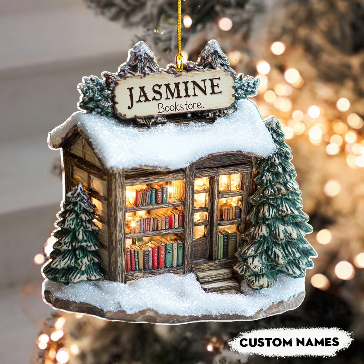 Bestchoo 2D Acrylic Ornament Personalized Winter Wonderland Bookstore