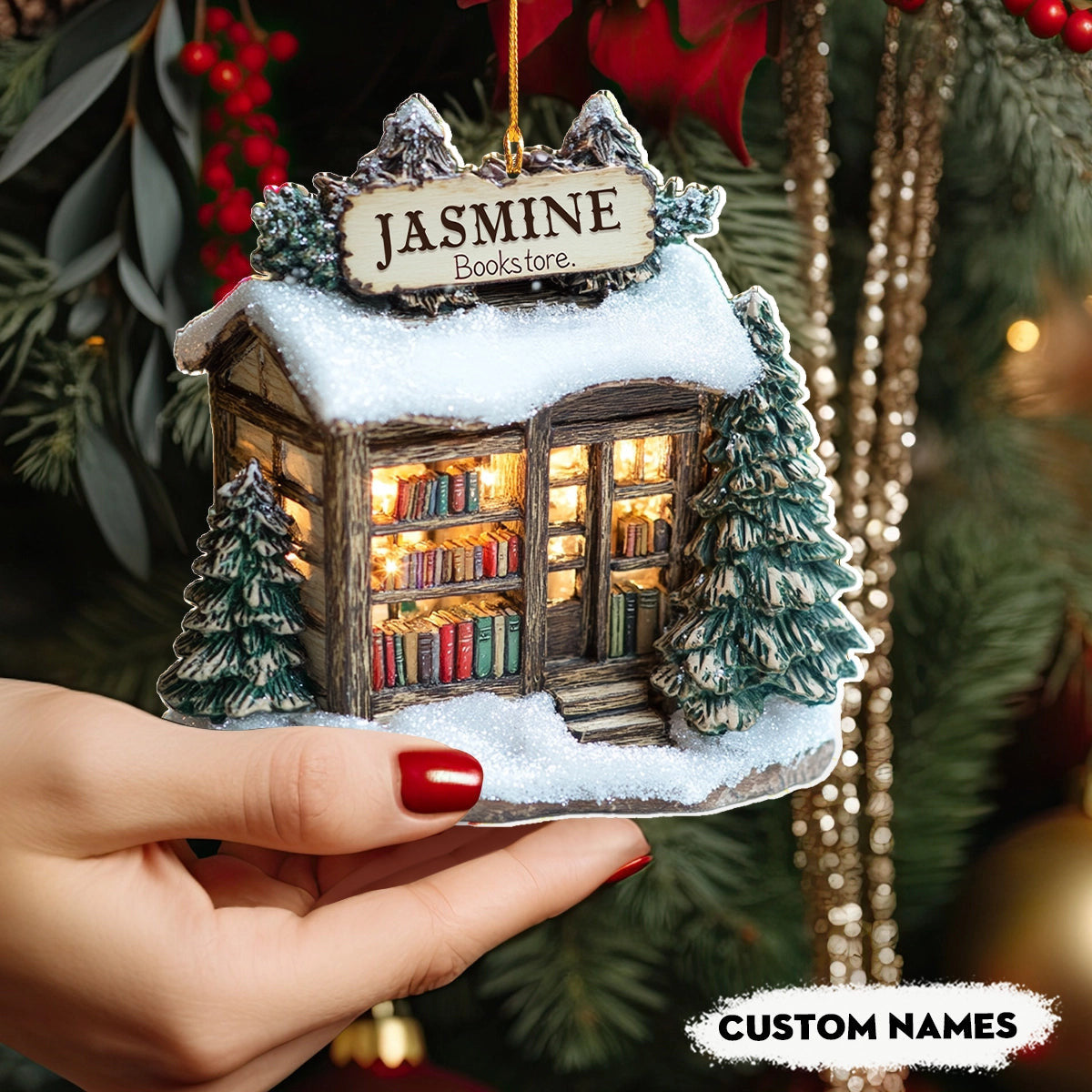 Bestchoo 2D Acrylic Ornament Personalized Winter Wonderland Bookstore