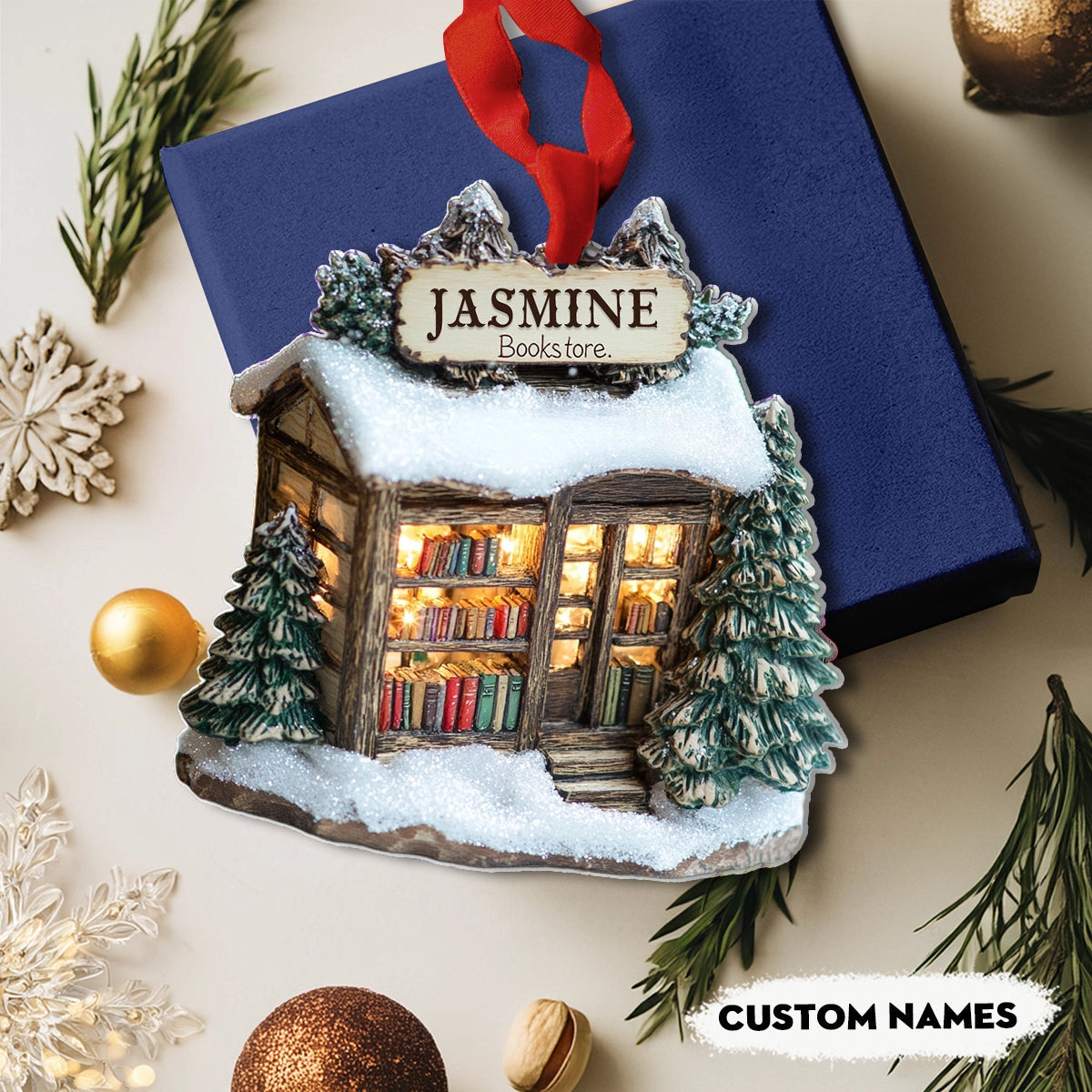 Bestchoo 2D Acrylic Ornament Personalized Winter Wonderland Bookstore