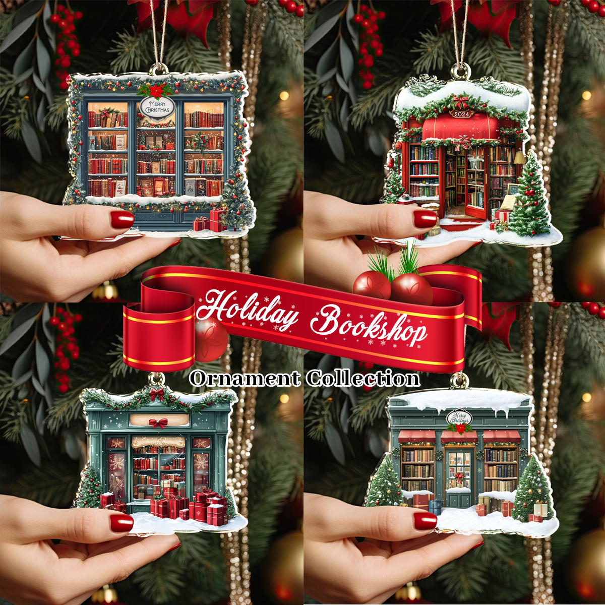 Bestchoo 2D Acrylic Ornament Holiday Bookshop