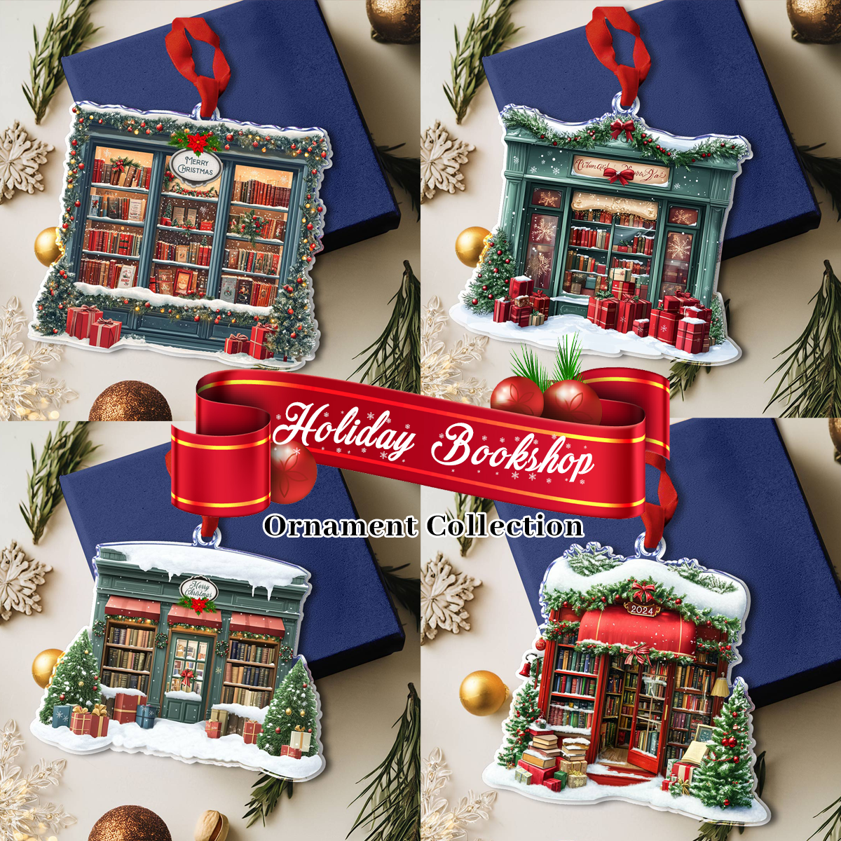 Bestchoo 2D Acrylic Ornament Holiday Bookshop