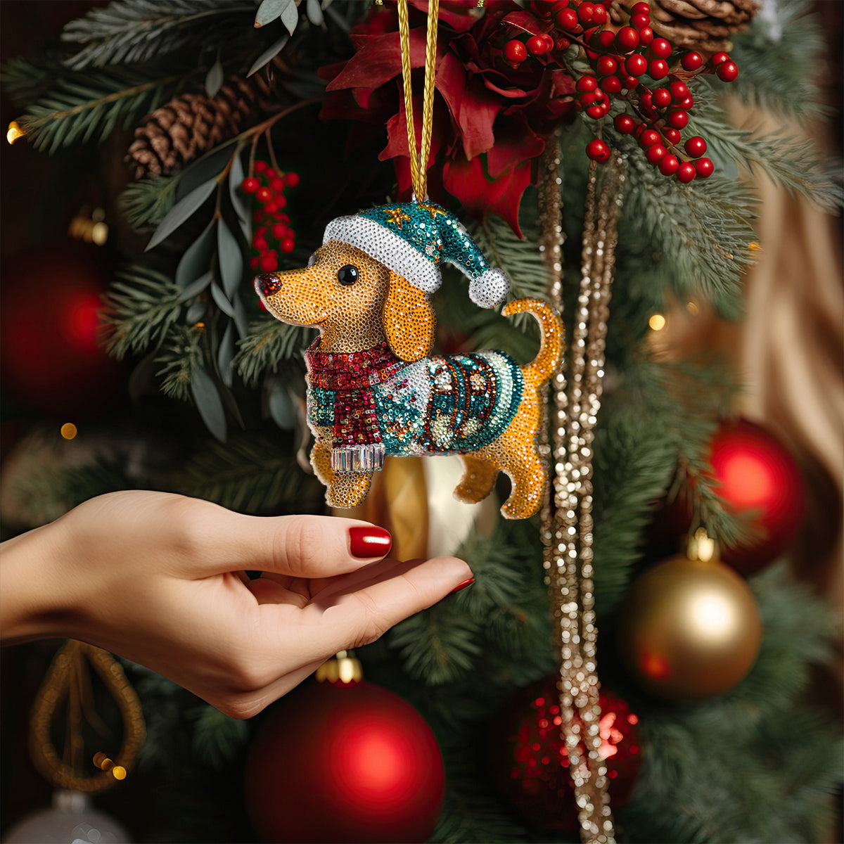 Bestchoo 2D Acrylic Ornament Twinkling Christmas Dachshund