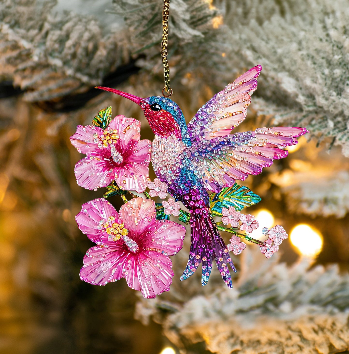 Bestchoo 2D Acrylic Ornament Sparkling Floral Hummingbird
