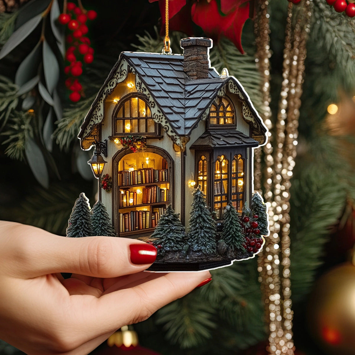 Bestchoo 2D Acrylic Ornament Cozy Library Cottage