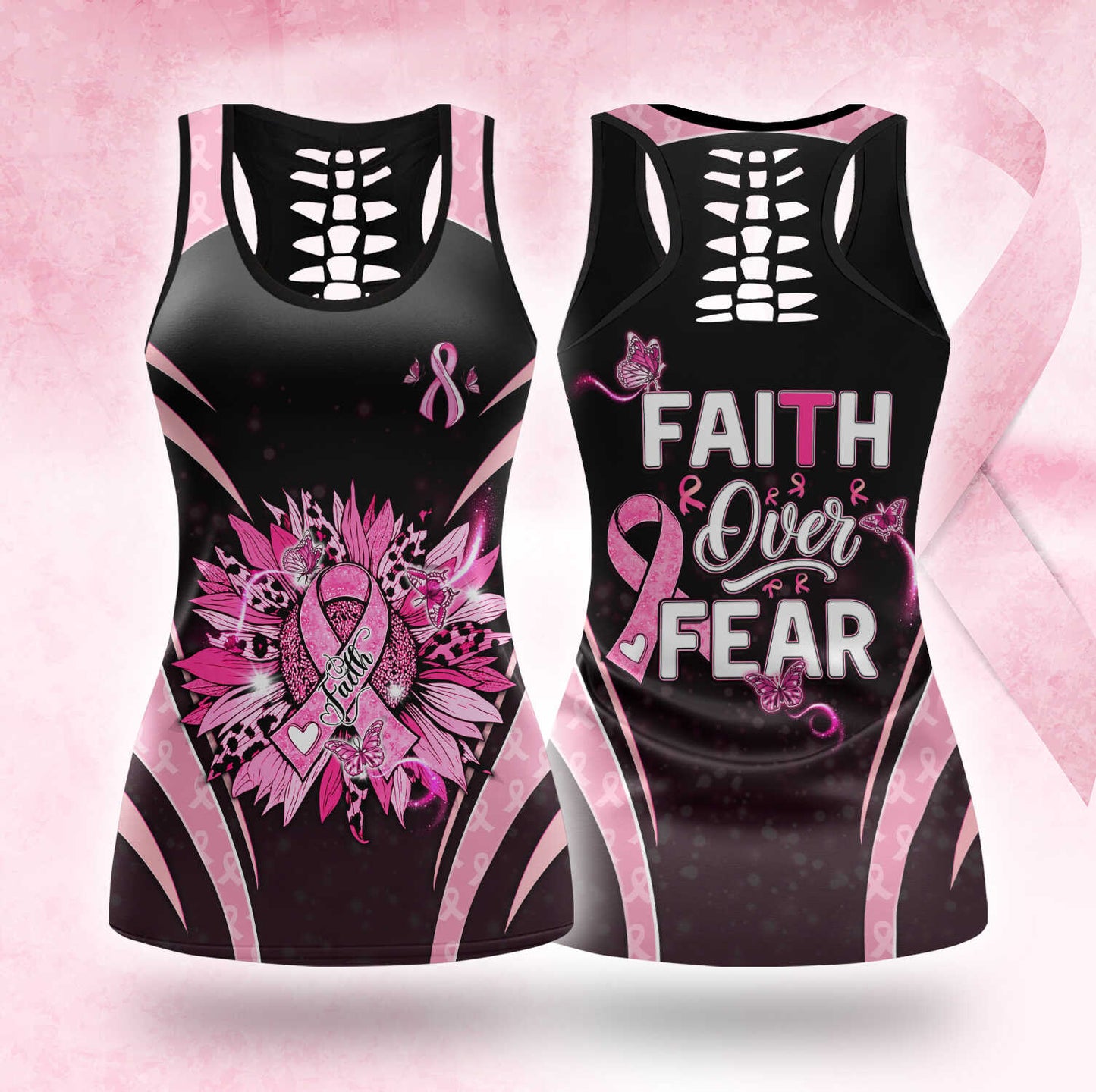 Pink Ribbon Activewear – Breast Cancer Awareness Hollow Tank & Legging Combo