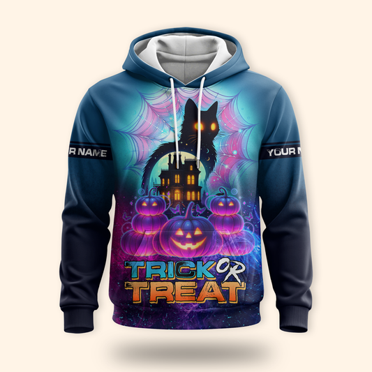 Personalized Trick or Treat Hoodie – Haunted House Black Cat Halloween Zip Up, Custom Choo