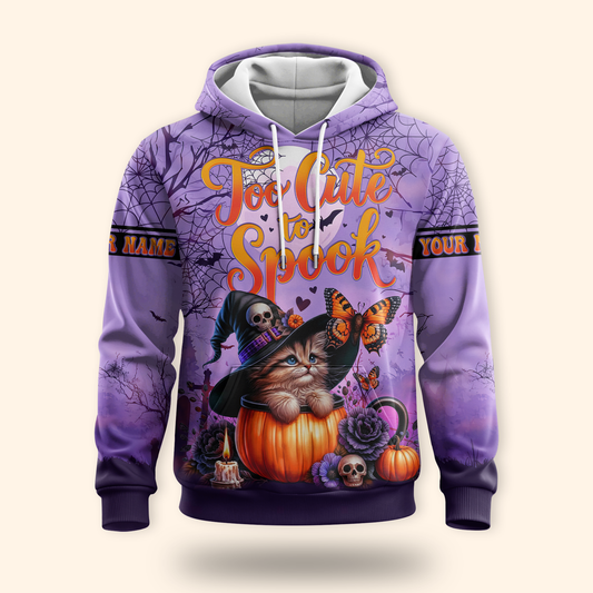 Too Cute To Spook Halloween Cat Hoodie – Personalized Name Zip Up Jacket, Custom Choo