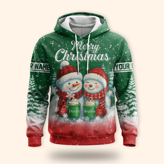 Personalized Snowman Couple Christmas Hoodie – Cute Merry Christmas Zip Up, Custom Name Gift, Custom Choo