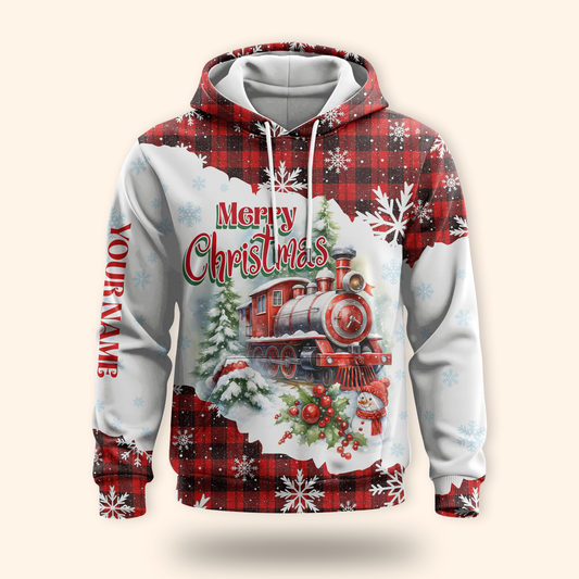 Christmas Train Hoodie – Vintage Steam Engine Design, Custom Name Plaid Holiday Zip Up, Custom Choo