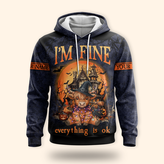 Personalized Halloween Cow Hoodie – "I’m Fine Everything Is Ok" Zip Up, Custom Name Gift, Custom Choo