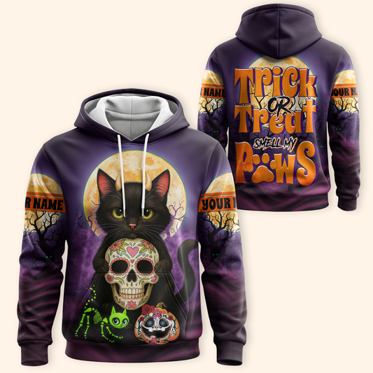Trick or Treat Smell My Paws Hoodie – Halloween Black Cat & Sugar Skull, Custom Name Zip Up, Custom Choo