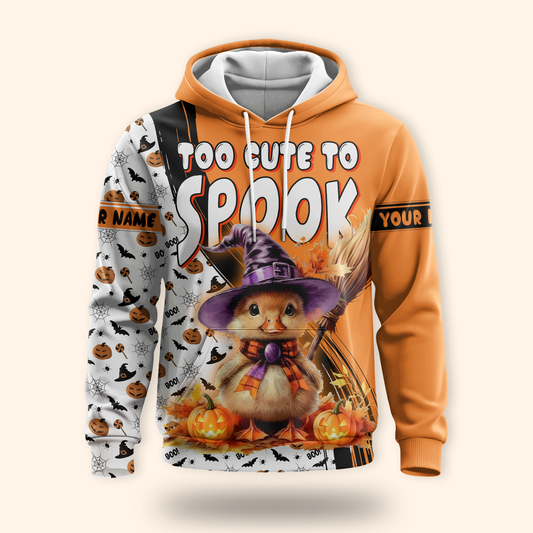 Too Cute To Spook Halloween Hoodie – Personalized Name Pumpkin Witch Cat Jacket, Custom Choo