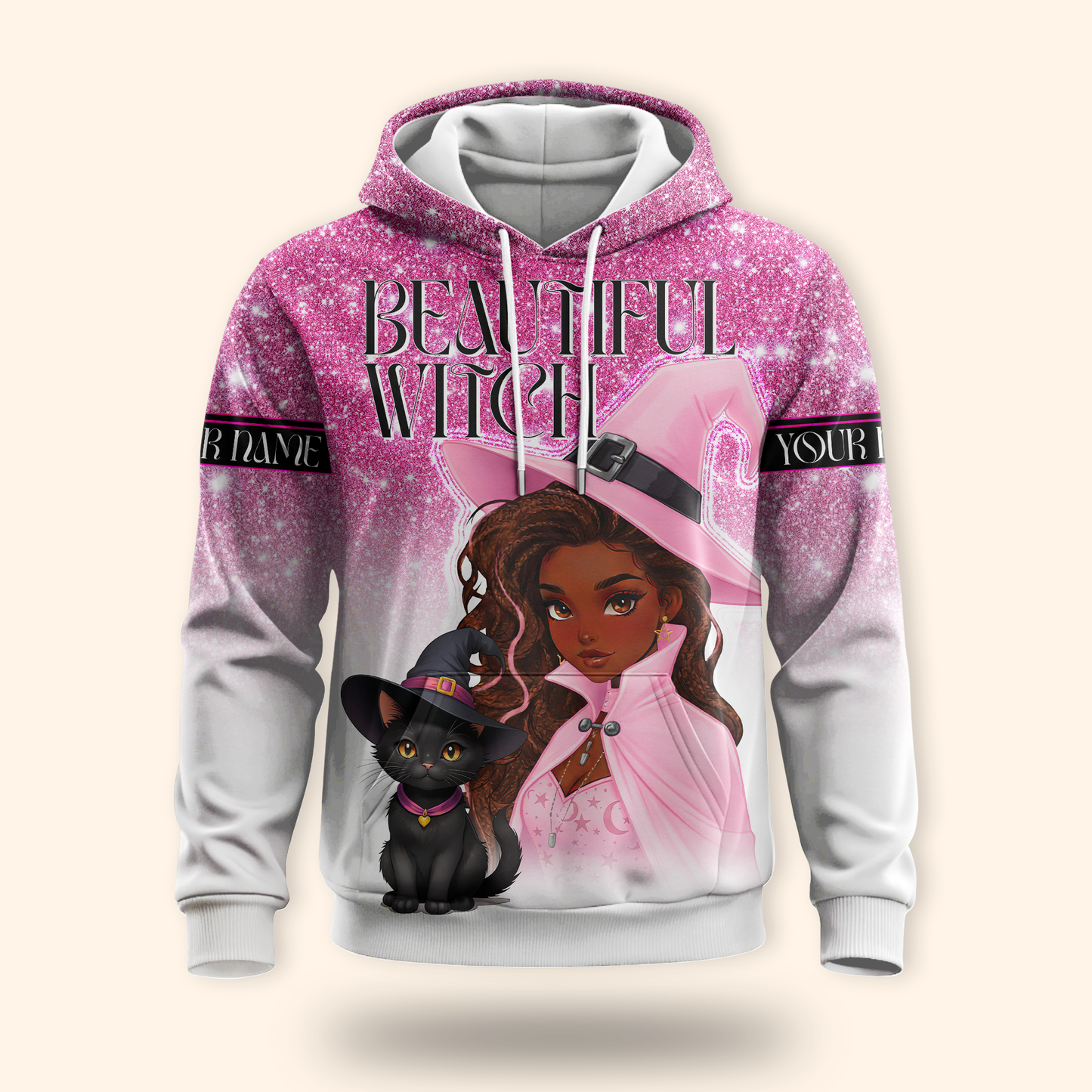 Personalized Beautiful Witch Hoodie – Pink Witch and Black Cat Halloween Zip Up, Custom Choo