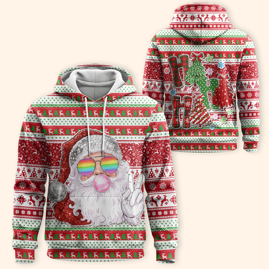Disco Santa Christmas Hoodie – Funny Rainbow Glasses Design, Ugly Christmas Zip Up, Custom Choo