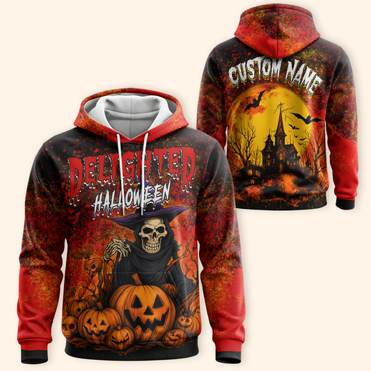Delighted Halloween Hoodie – Grim Reaper Skeleton with Pumpkins – Custom Name Zip Up, Custom Choo