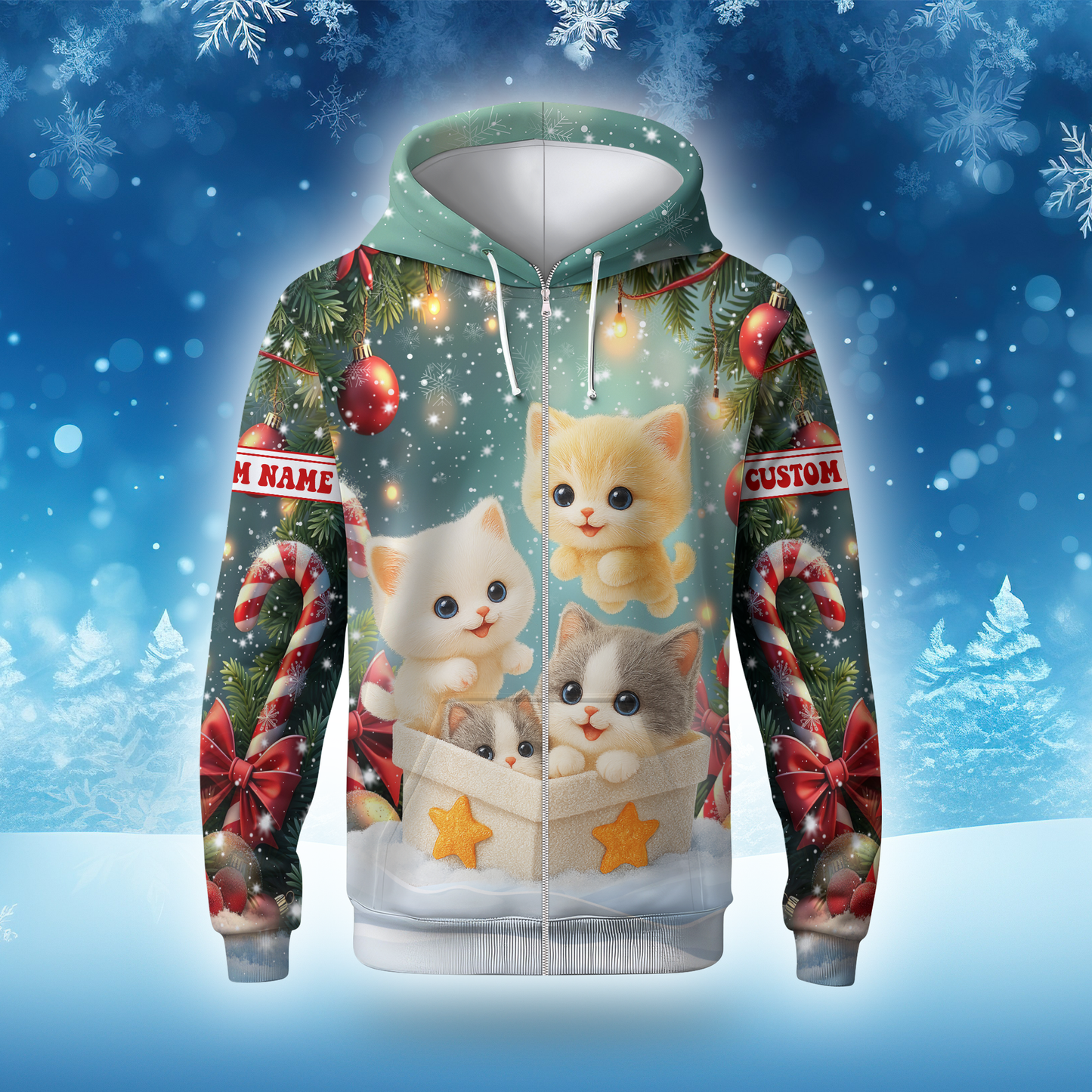Cute Christmas Cat Hoodie – Kittens in Gift Box Holiday Zip Up
