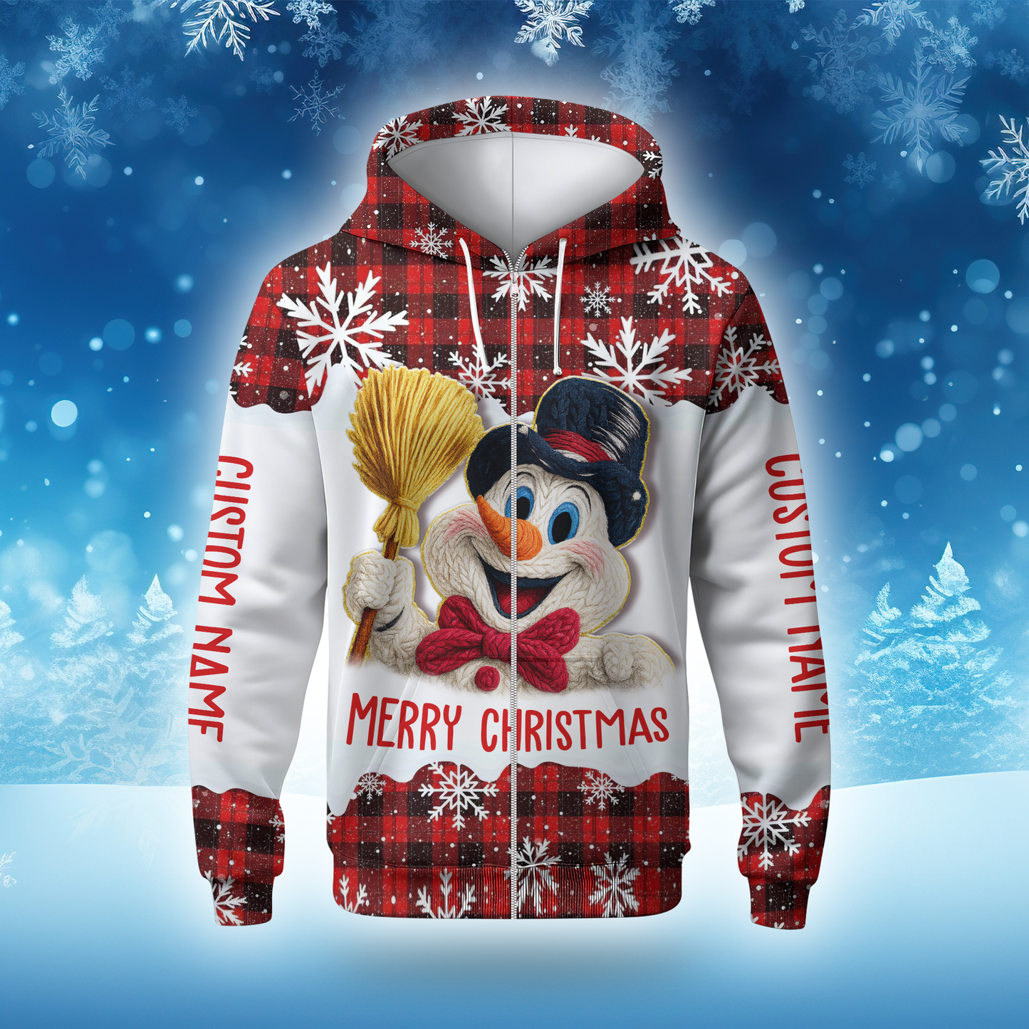 Merry Christmas Snowman Hoodie – Cute Plaid Red Winter Zip Up