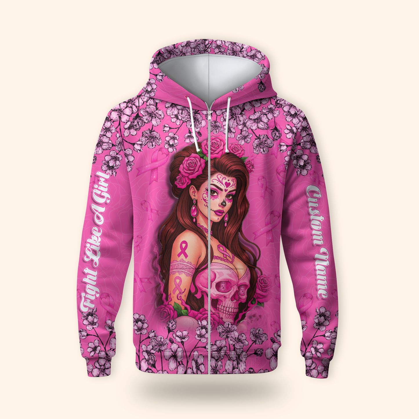 Fight Like A Girl Skull Floral - Breast Cancer Awareness Shirt