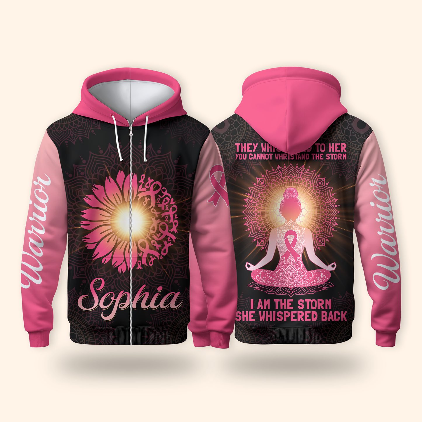 Custom Name Breast Cancer Awareness Hoodie – Warrior Sunflower Yoga Girl Sweatshirt, I Am The Storm Hoodie