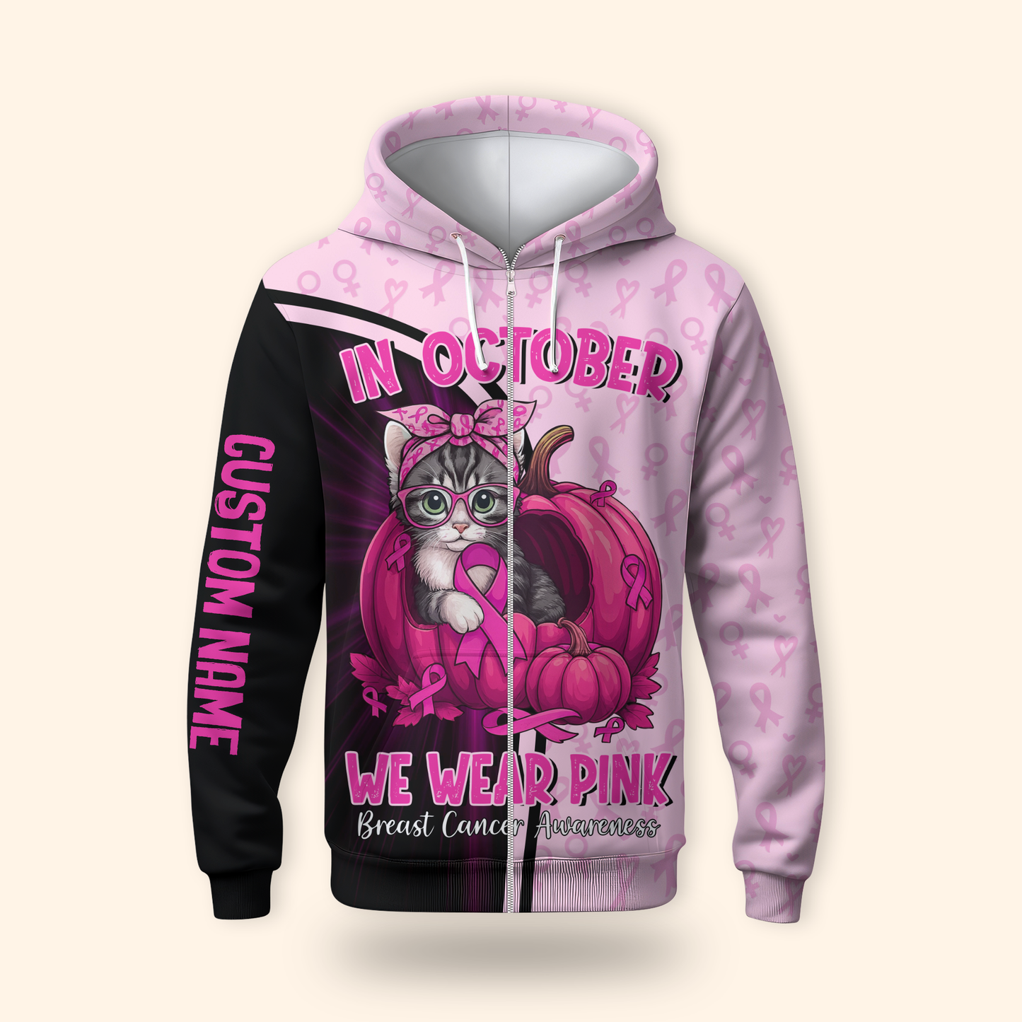 Personalized "In October We Wear Pink" Cat Pumpkin Breast Cancer Awareness, Custom Choo