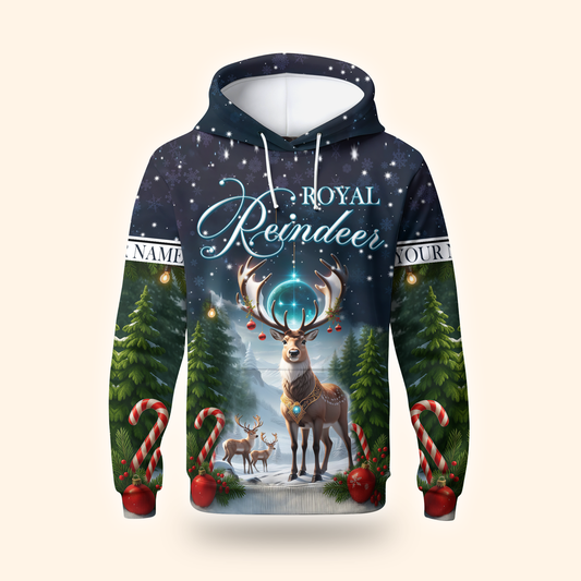 Royal Reindeer Christmas Hoodie – Elegant Winter Wonderland Zip Up