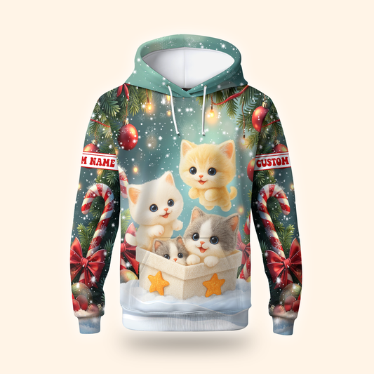 Cute Christmas Cat Hoodie – Kittens in Gift Box Holiday Zip Up