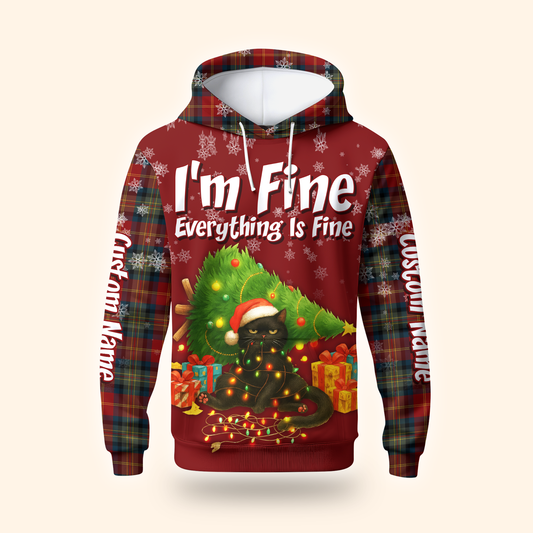 Funny Christmas Cat Hoodie – I’m Fine Everything Is Fine, Personalized Name Holiday Sweatshirt