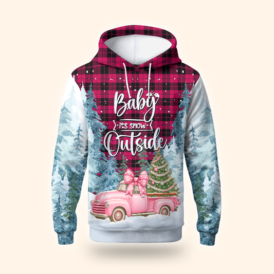 Baby It’s Snow Outside Hoodie – Pink Truck Christmas Zip Up, Winter Holiday Sweater