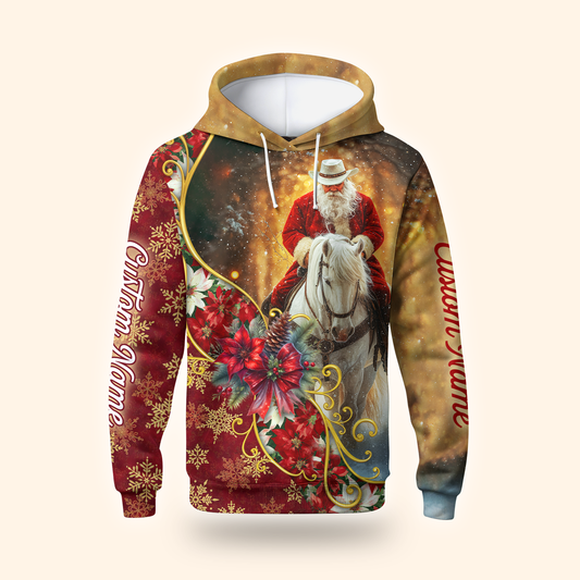 Santa Riding Horse Hoodie – Western Cowboy Christmas Zip Up, Custom Name Holiday Hoodie for Horse Lovers