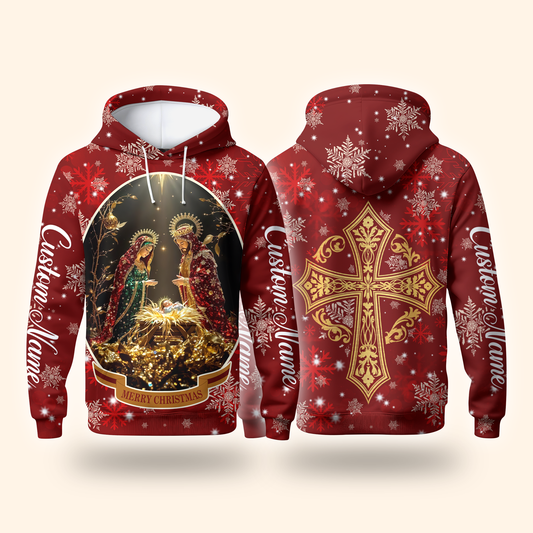 Christian Christmas Hoodie – Nativity Scene and Gold Cross Design, Personalized Faith Gift