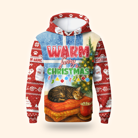 Warm Furry Christmas Hoodie – Cute Cat Lover Zip Up, Personalized Holiday Gift, Custom Choo