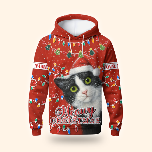 Personalized Cat Christmas Hoodie – Meowy Christmas Zip Up, Cute Holiday Gift for Cat Lovers, Custom Choo
