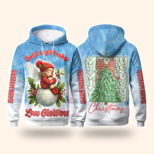 Custom Name Christmas Hoodie – Cute Fairy Snowball Zip Up, Just a Girl Who Loves Christmas Design
