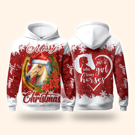 Just a Girl Who Loves Horses Christmas Hoodie – Merry Horse Lover Zip Up Sweatshirt