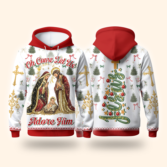 Oh Come Let Us Adore Him Hoodie – Christian Christmas Hoodie with Nativity Scene and Jesus Design