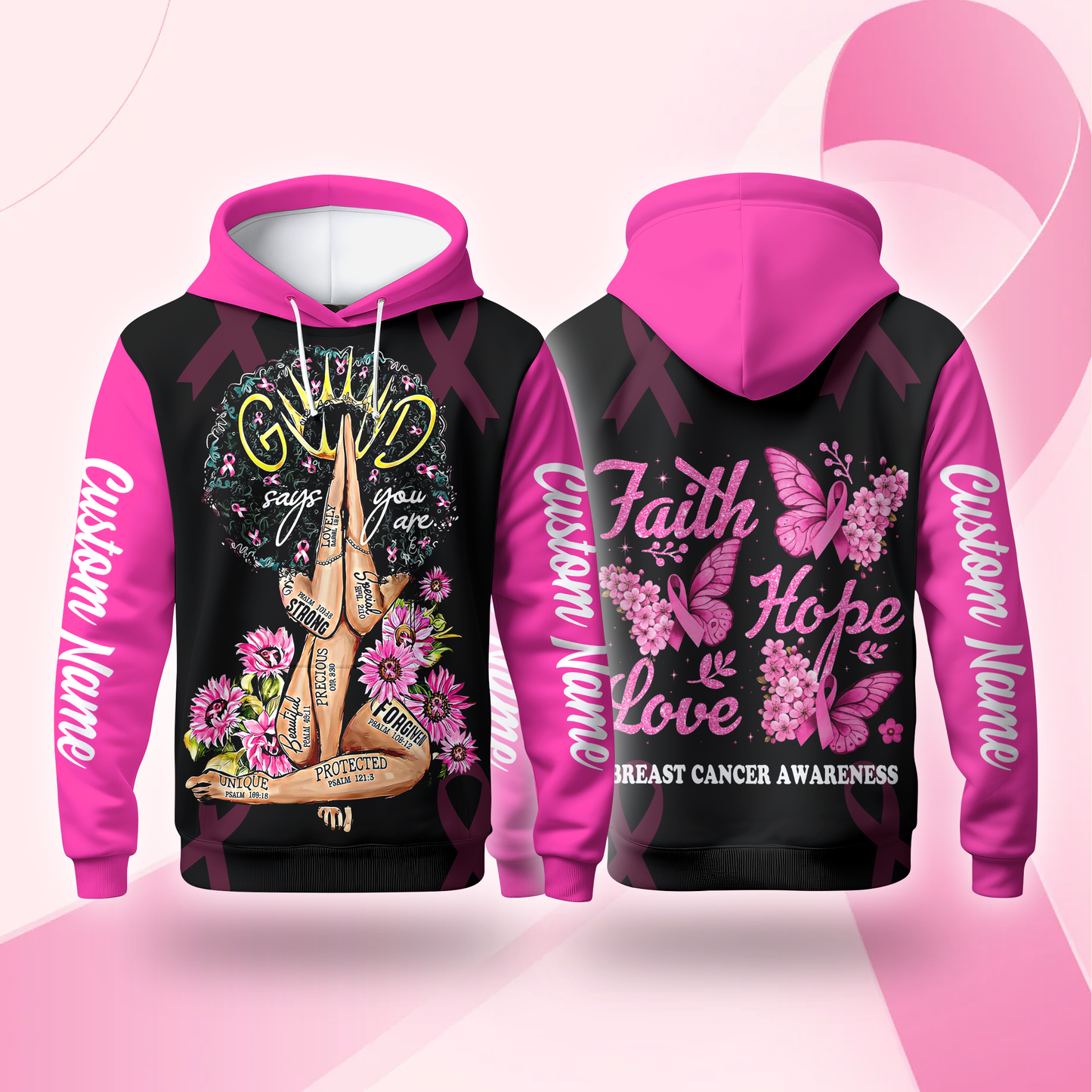Personalized "Faith Hope Love" Breast Cancer Awareness Hoodie, Custom Choo