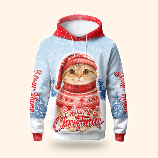 Cute Christmas Cat Hoodie – Merry Christmas Cat in Red Sweater, Personalized Name Gift