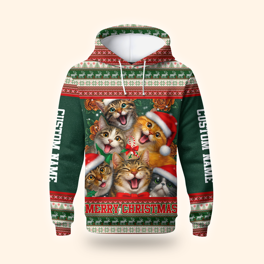 Christmas Cat Hoodie – Cute Cats in Santa Hats, Custom Name Zip Up, Funny Holiday Hoodie