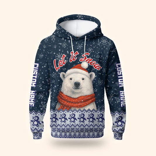 Let It Snow Hoodie – Cute Polar Bear Christmas Hoodie, Personalized Name Winter Gift