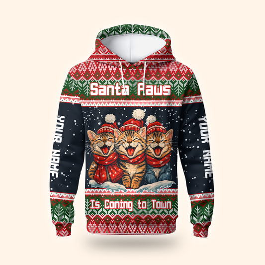 Santa Paws Is Coming to Town Hoodie – Personalized Christmas Cat Hoodie for Cat Lovers