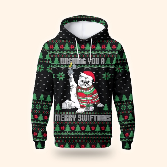 Funny Cat Christmas Hoodie – Wishing You a Merry Swiftmas, Ugly Sweater Style Zip Up, Holiday Hoodie for Cat Lovers