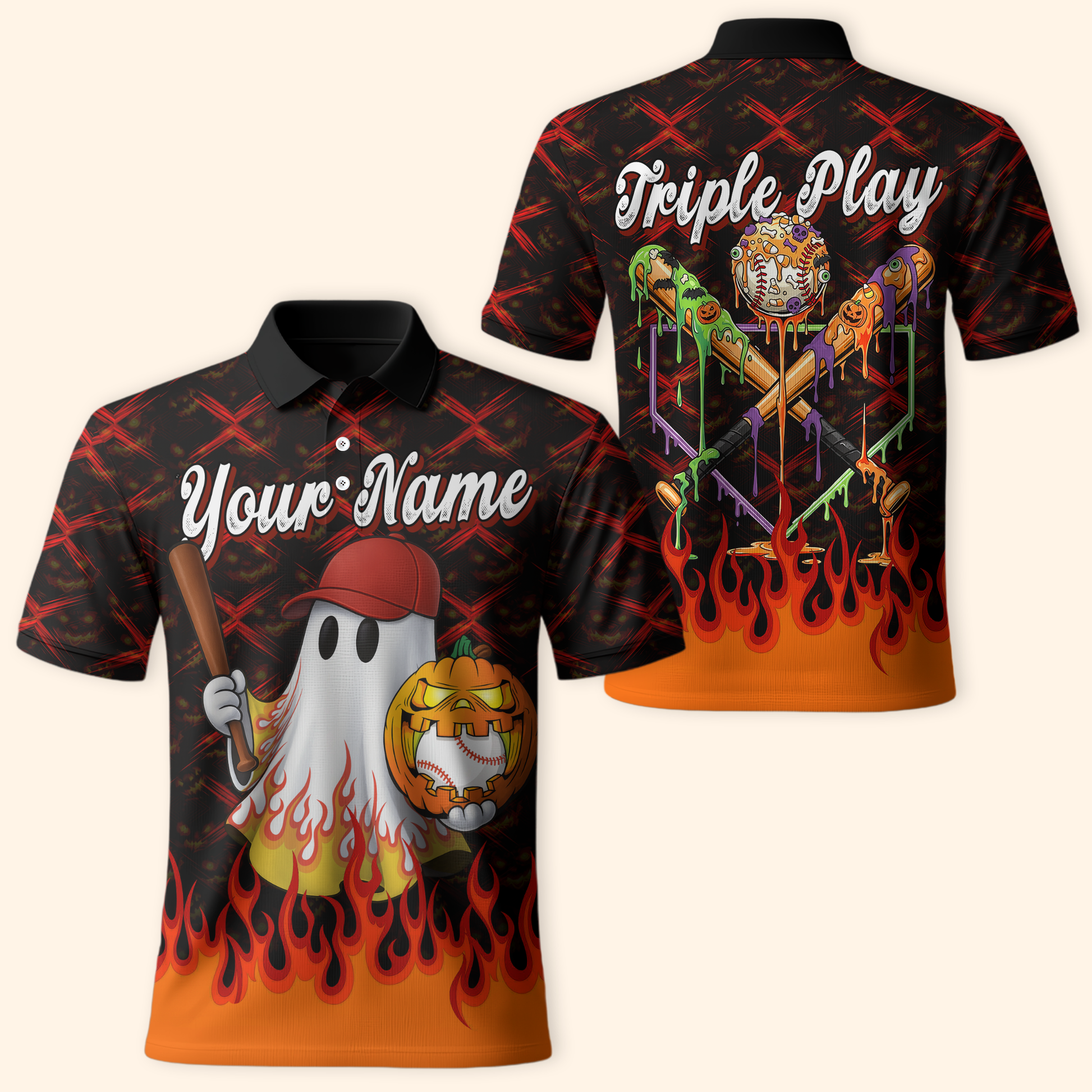 Personalized Baseball Halloween Hoodie – Ghost with Pumpkin & Bat, Custom Name Zip Up, Custom Choo