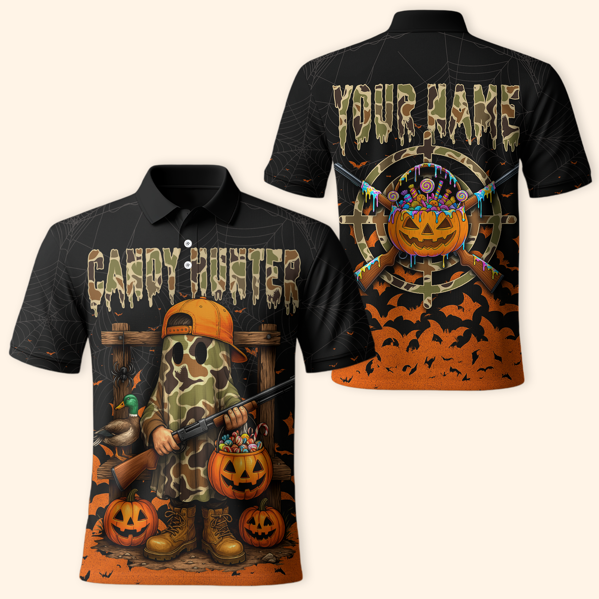 Candy Hunter Halloween Hoodie – Funny Ghost Hunter with Pumpkins & Candy, Custom Name, Custom Choo