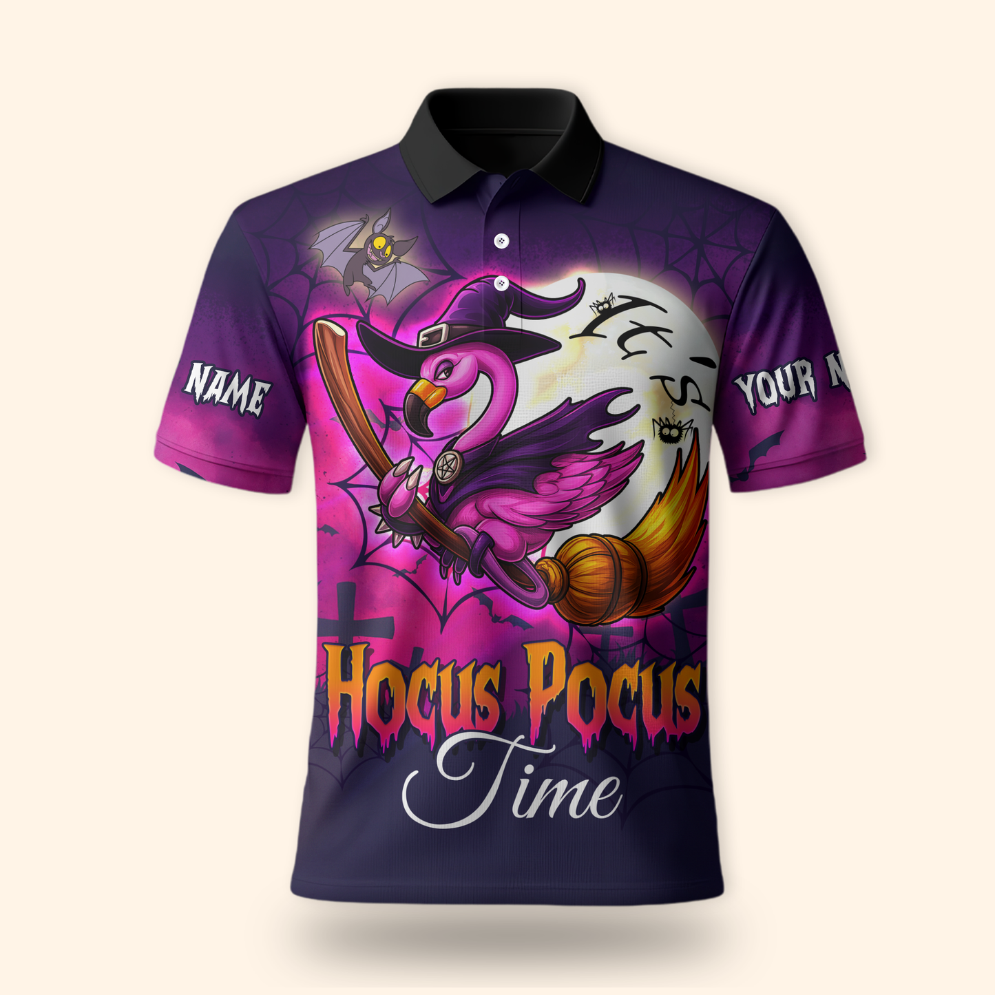 Personalized Hocus Pocus Hoodie – Flamingo Witch on Broom Halloween Zip Up, Custom Choo