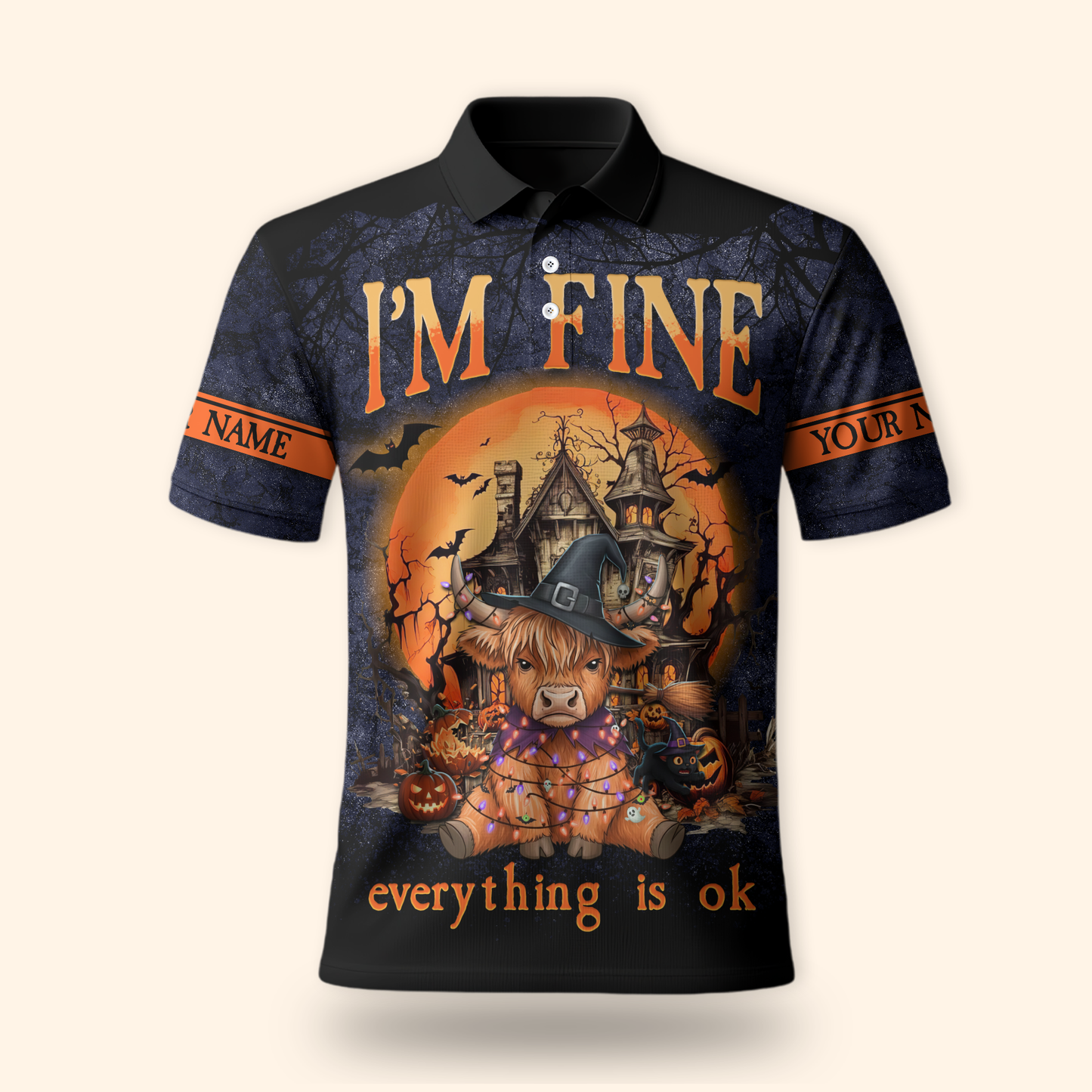Personalized Halloween Cow Hoodie – "I’m Fine Everything Is Ok" Zip Up, Custom Name Gift, Custom Choo
