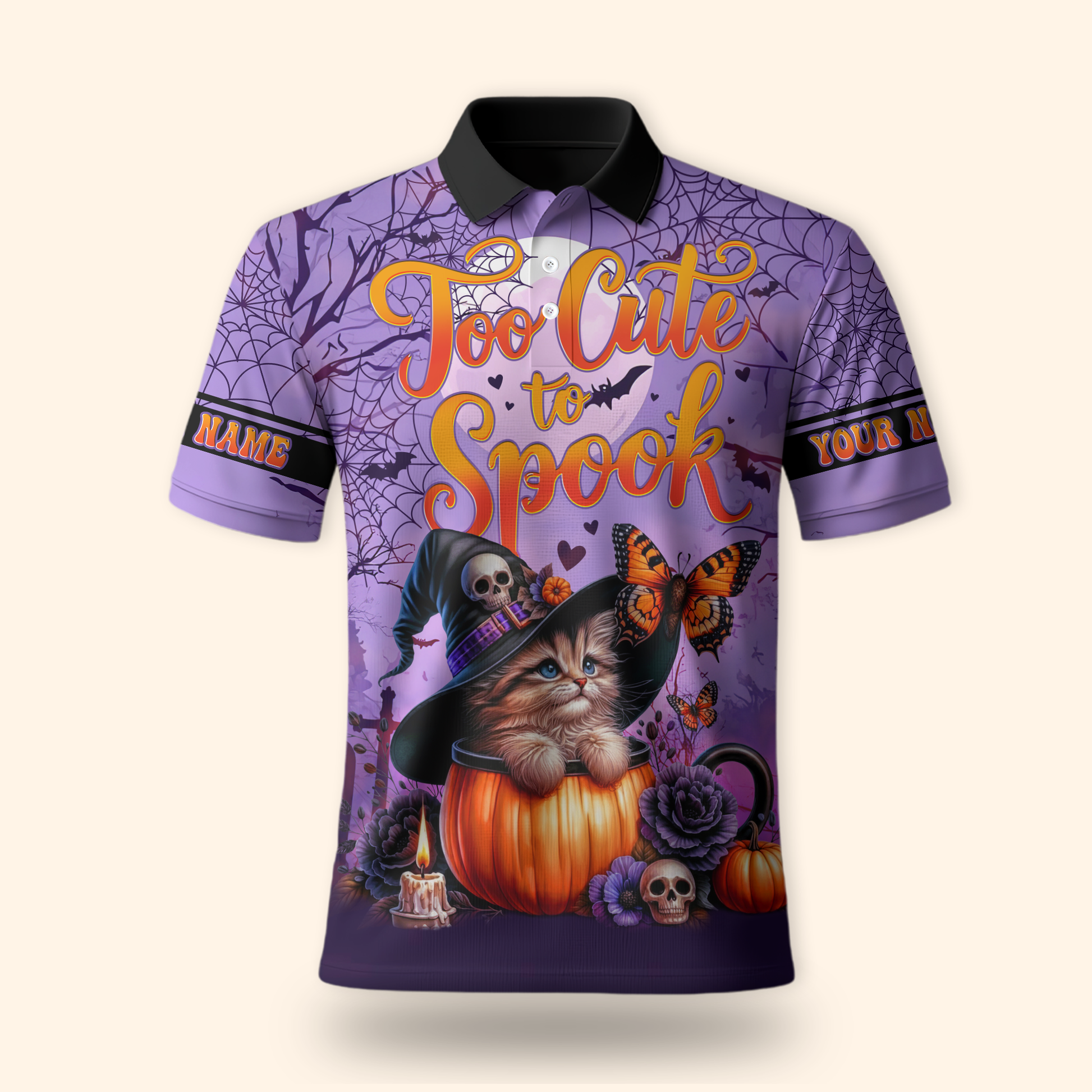 Too Cute To Spook Halloween Cat Hoodie – Personalized Name Zip Up Jacket, Custom Choo