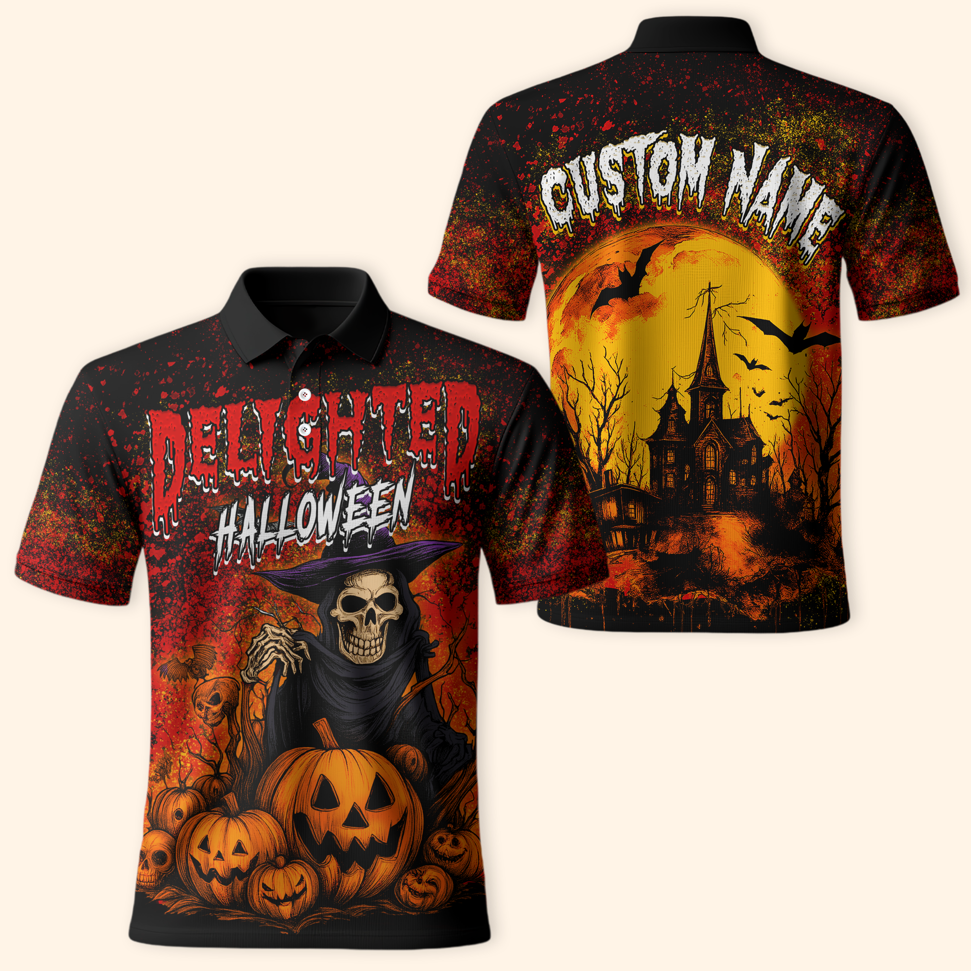 Delighted Halloween Hoodie – Grim Reaper Skeleton with Pumpkins – Custom Name Zip Up, Custom Choo