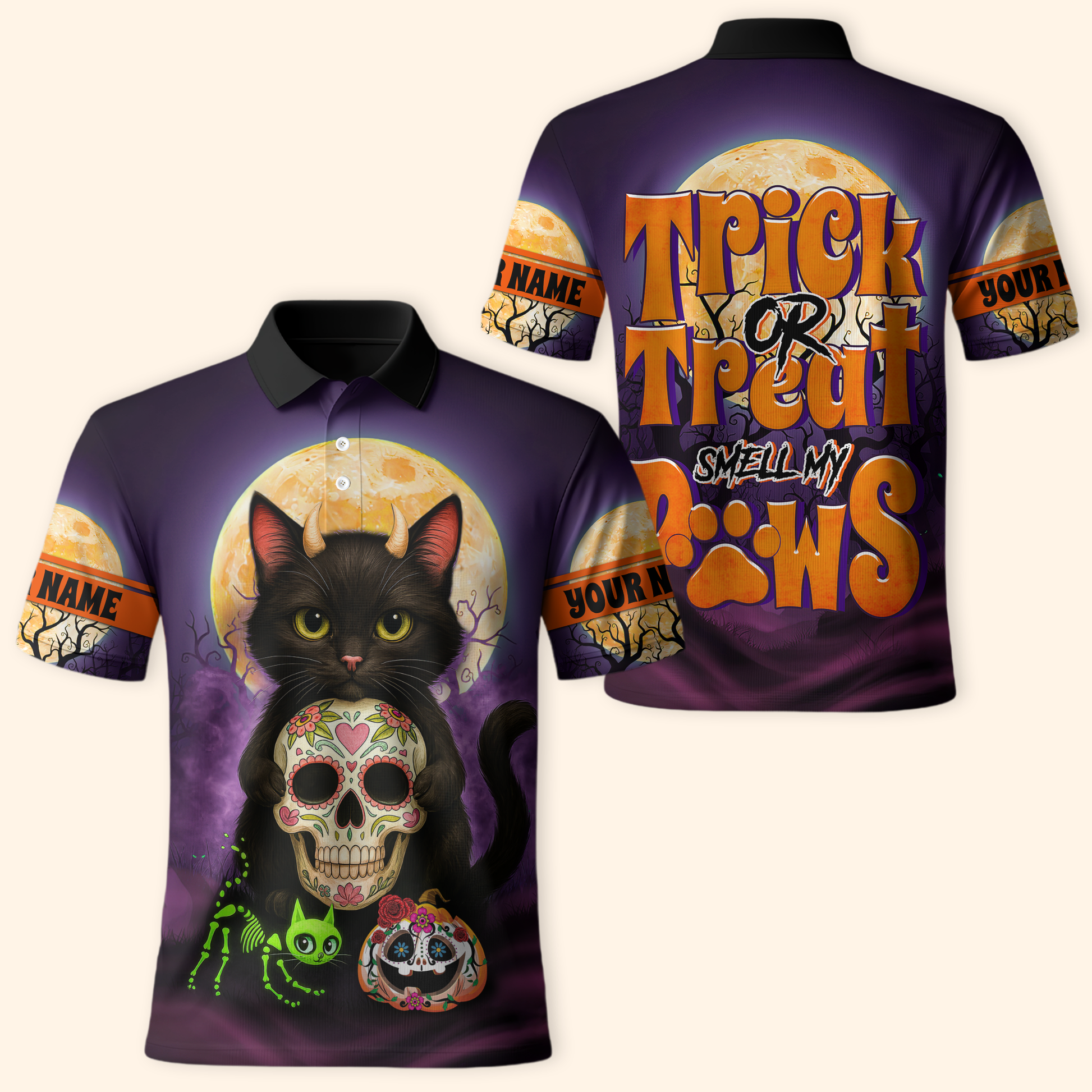 Trick or Treat Smell My Paws Hoodie – Halloween Black Cat & Sugar Skull, Custom Name Zip Up, Custom Choo
