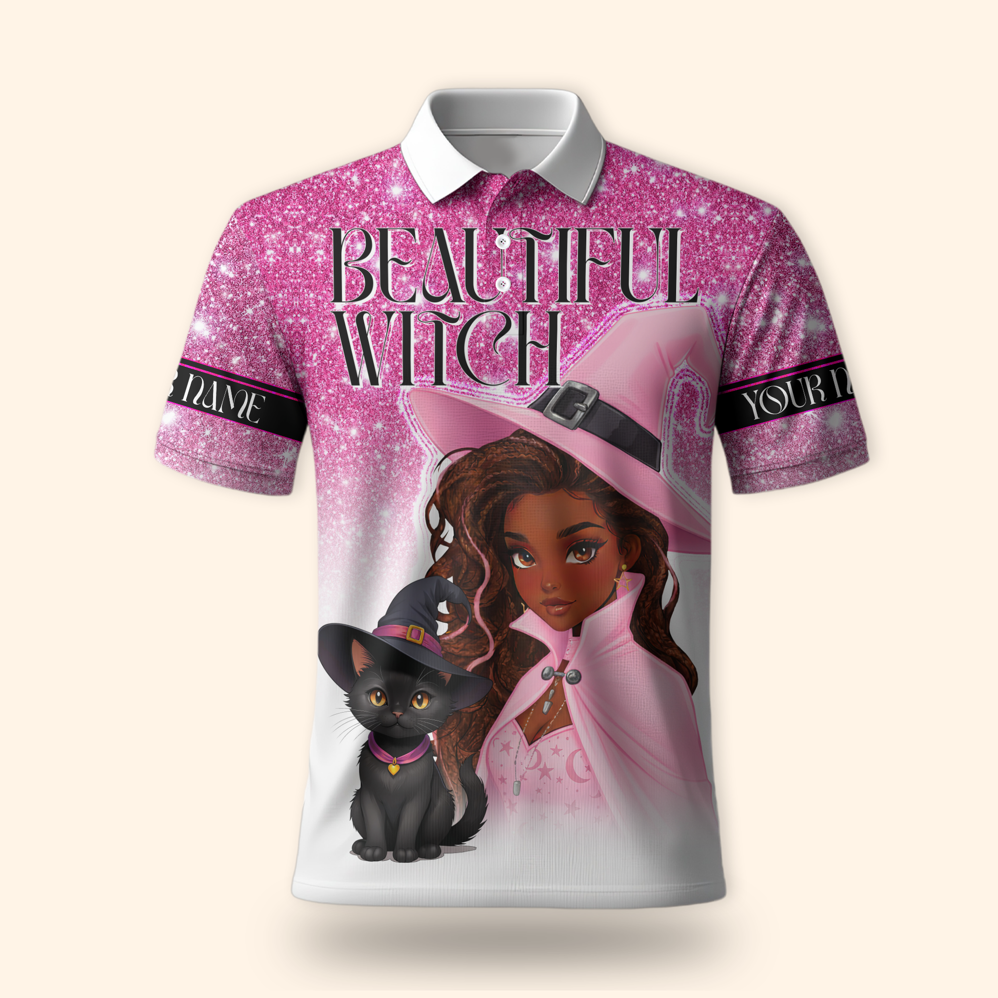 Personalized Beautiful Witch Hoodie – Pink Witch and Black Cat Halloween Zip Up, Custom Choo