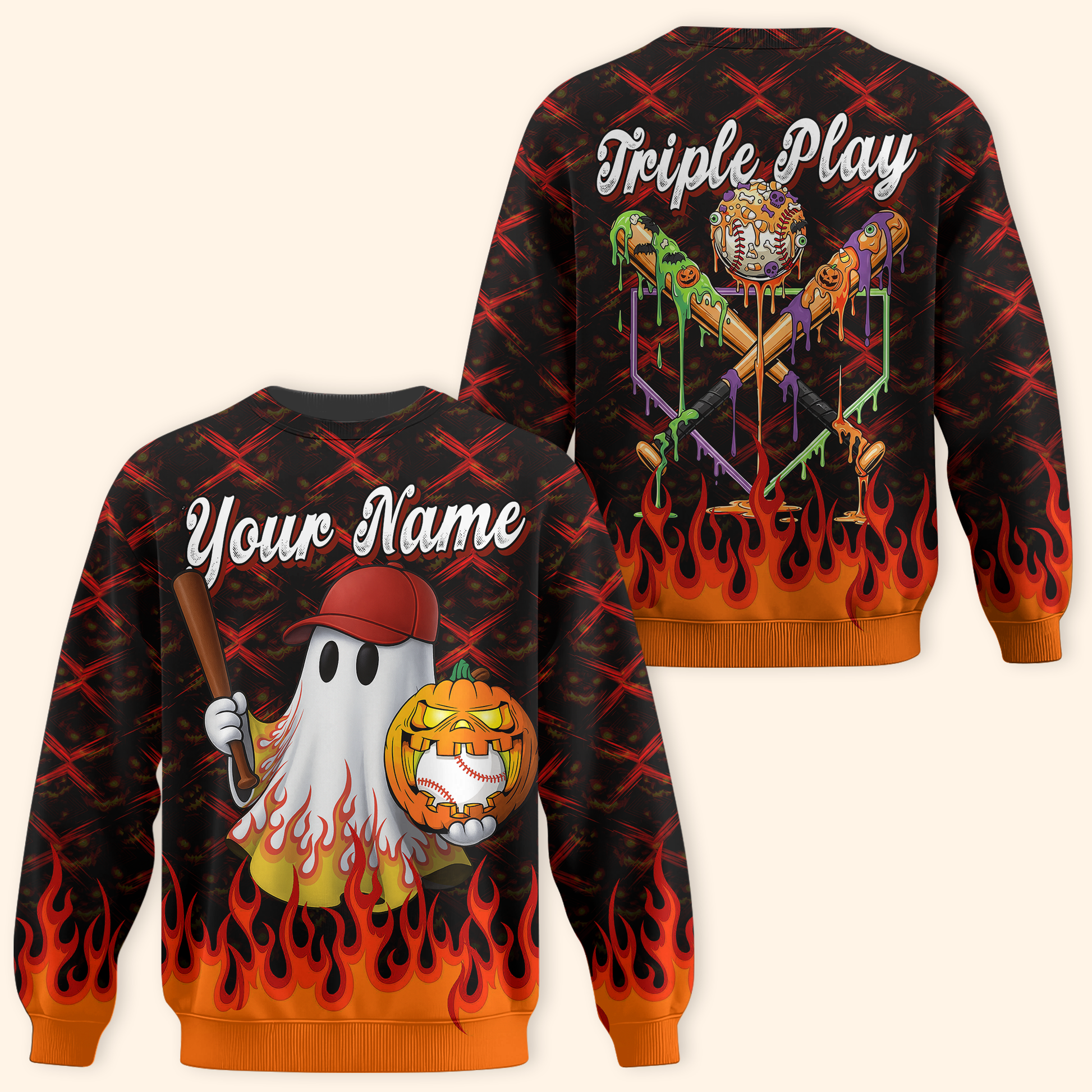 Personalized Baseball Halloween Hoodie – Ghost with Pumpkin & Bat, Custom Name Zip Up, Custom Choo